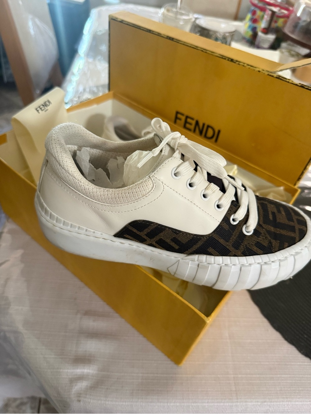 Fendi White & Brown FF Monogram Low-Top Sneakers for Women
